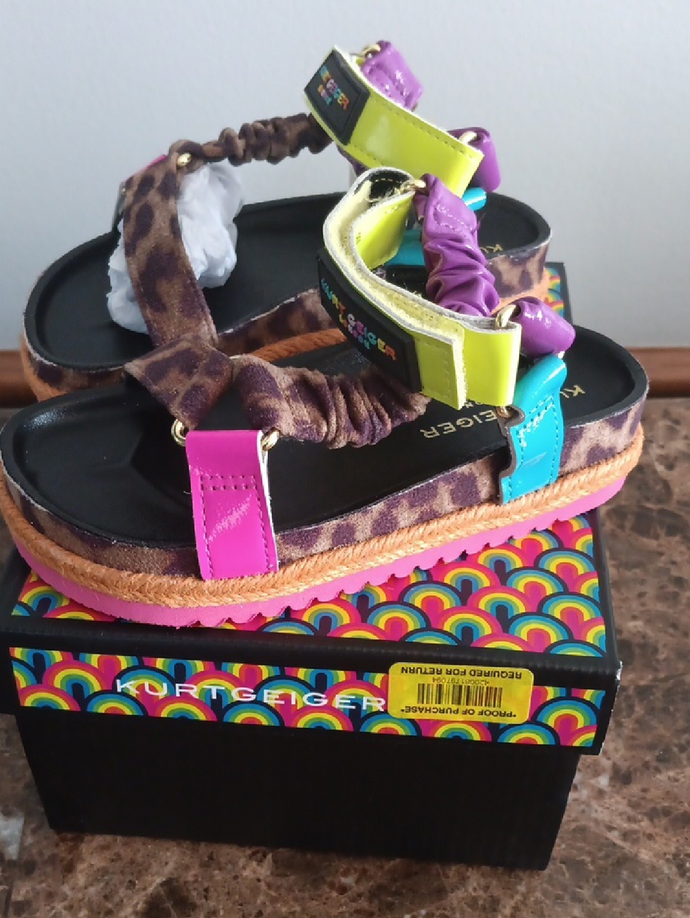 Kurt Geiger Kids Leopard Print Sandals with Neon Multi-Color Straps